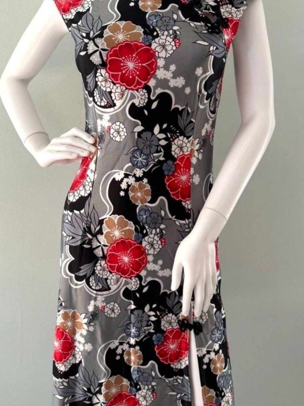 Floral Cap-Sleeve Maxi Dress - Red & Gray
